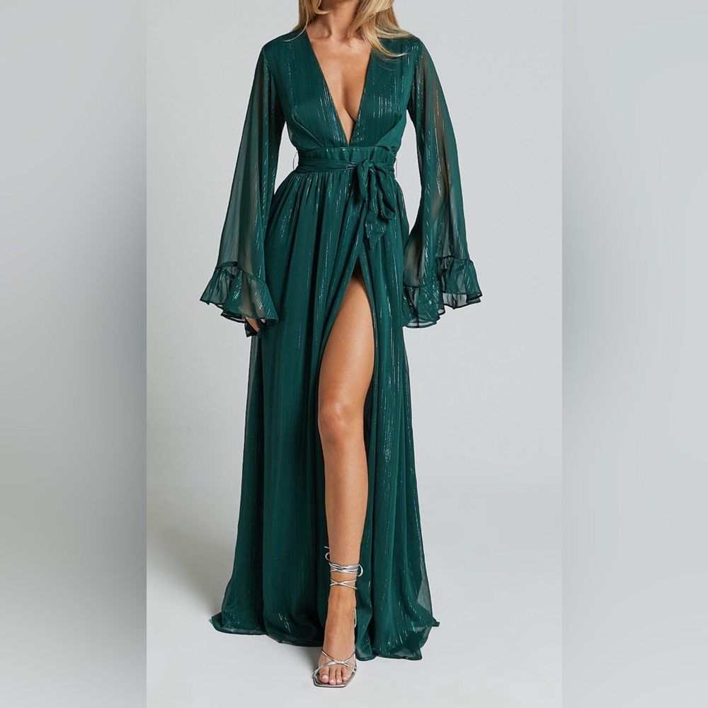 EMERALD PLUNGE THIGH SPLIT DRESS